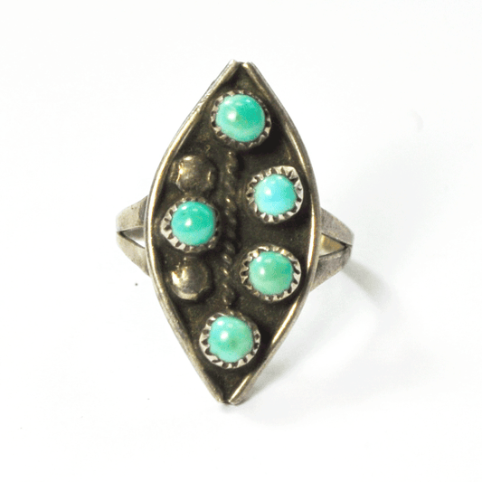 Antique Sterling Silver Pea Pod 6 Turquoise Dot Ring 25mm Size 5.5