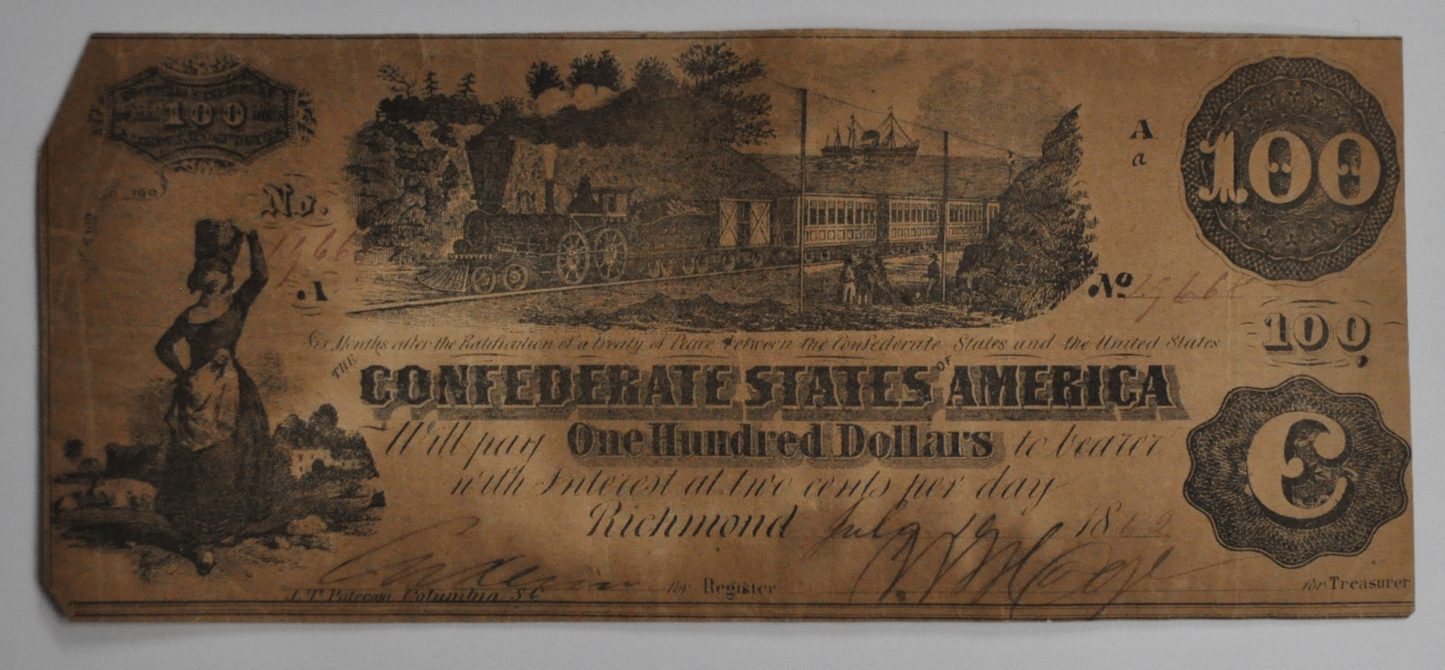 1862 $100 One Hundred Dollars Confederate Note Currency  CS-39