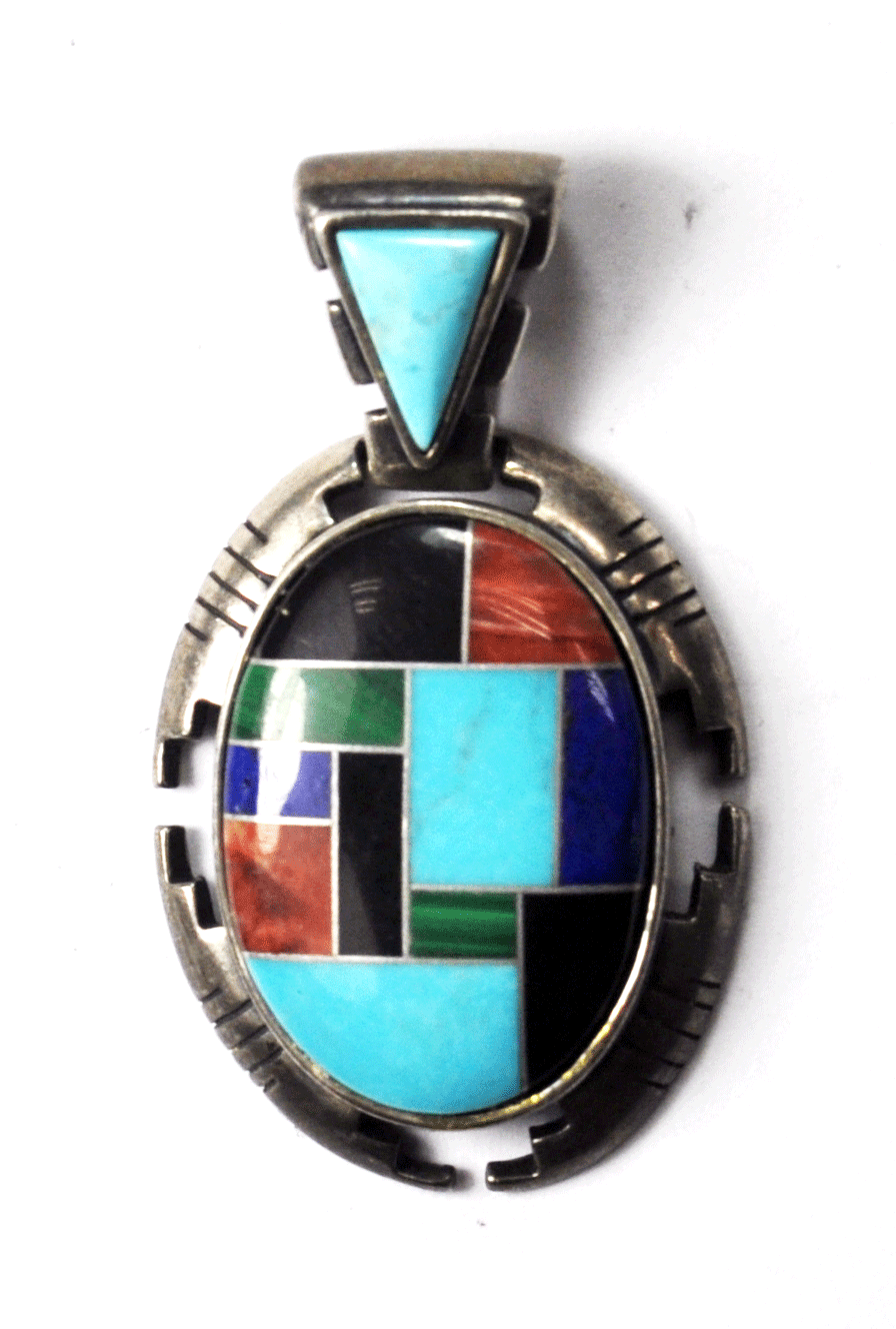 Sterling Silver Colorful Mosaic Inlay Pendant 1-1/2" Carolyn Pollack
