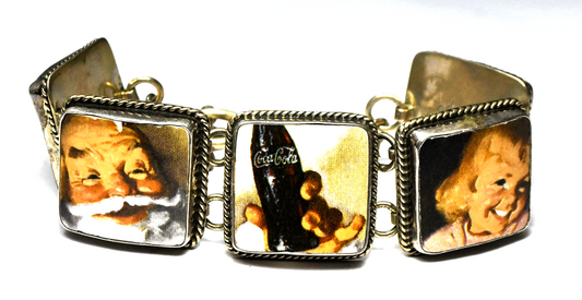950 Silver Jacqueline Smiley Coca Cola 1964 Ad Santa Poodle 25mm Bracelet 8.75"
