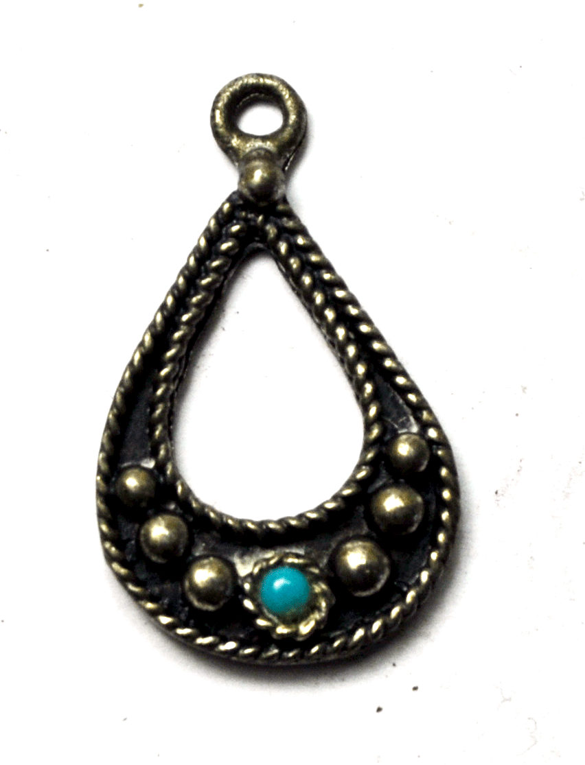 Sterling Silver Blue Turquoise Dot Tear Drop Cut Out Pendant 1.25" 20mm