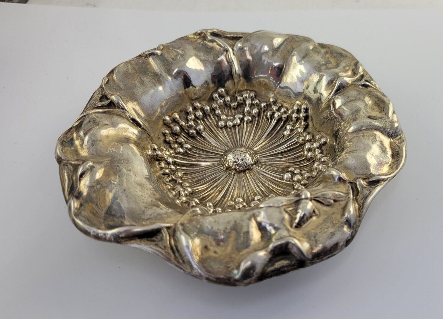 1880s Mauser Poppy Sterling Silver 5 1/2" Hand Wrought  Repoussee Dish 2.4oz.