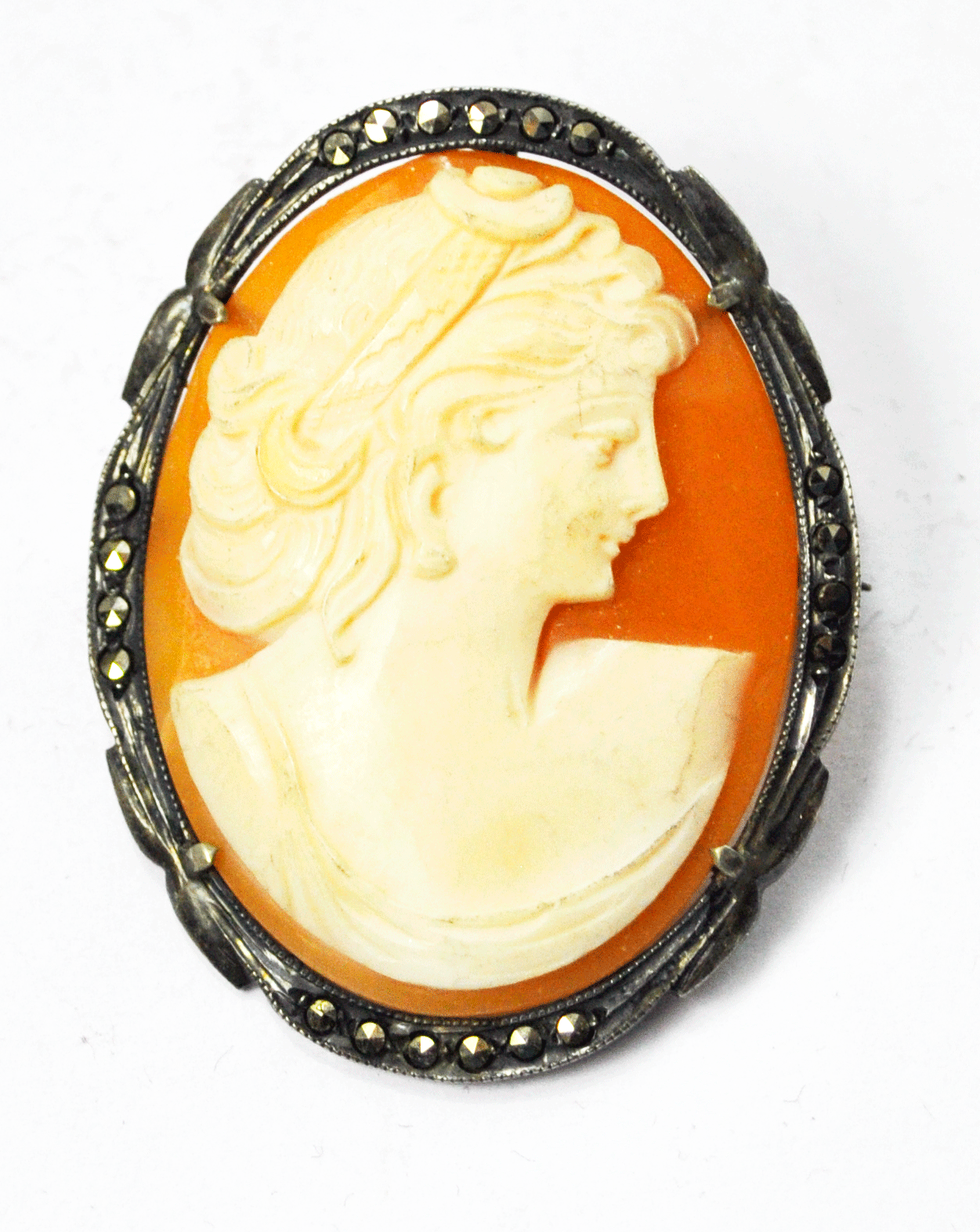 800 Fine Silver Carved Shell Cameo Filigree Hematite Brooch Pin Pendant 40mm