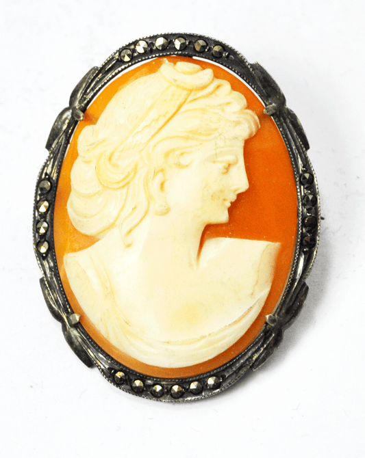 800 Fine Silver Carved Shell Cameo Filigree Hematite Brooch Pin Pendant 40mm