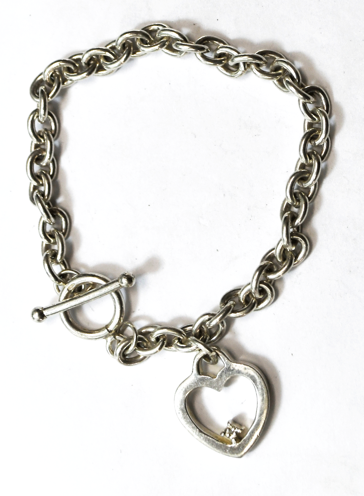 Sterling Silver Heart Charm Diamond Toggle Bracelet 5mm 7.25"  17g