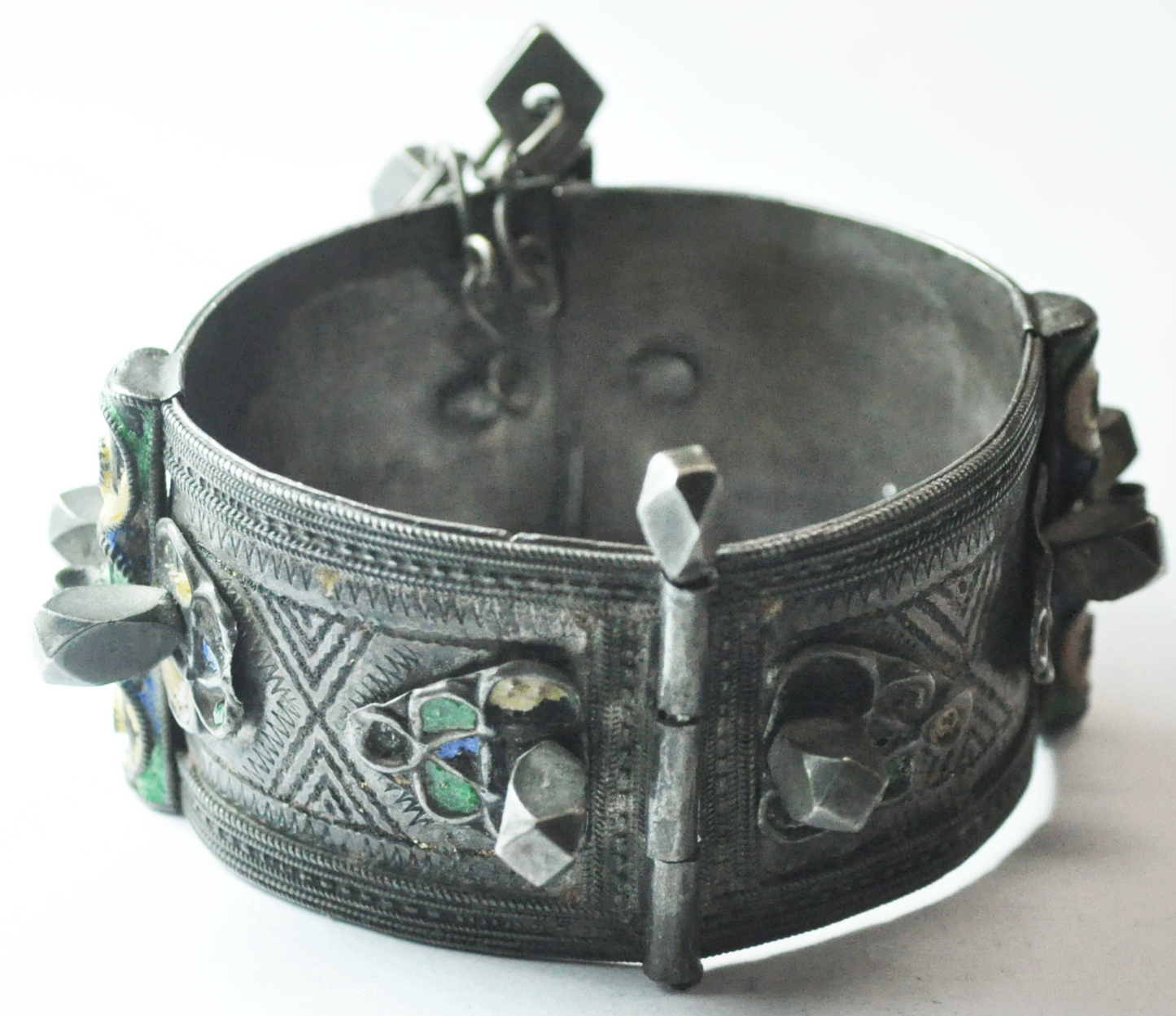 Antique Silver 800 Fine Enamel Peg Bangle Bracelet 32mm 7" Wrist