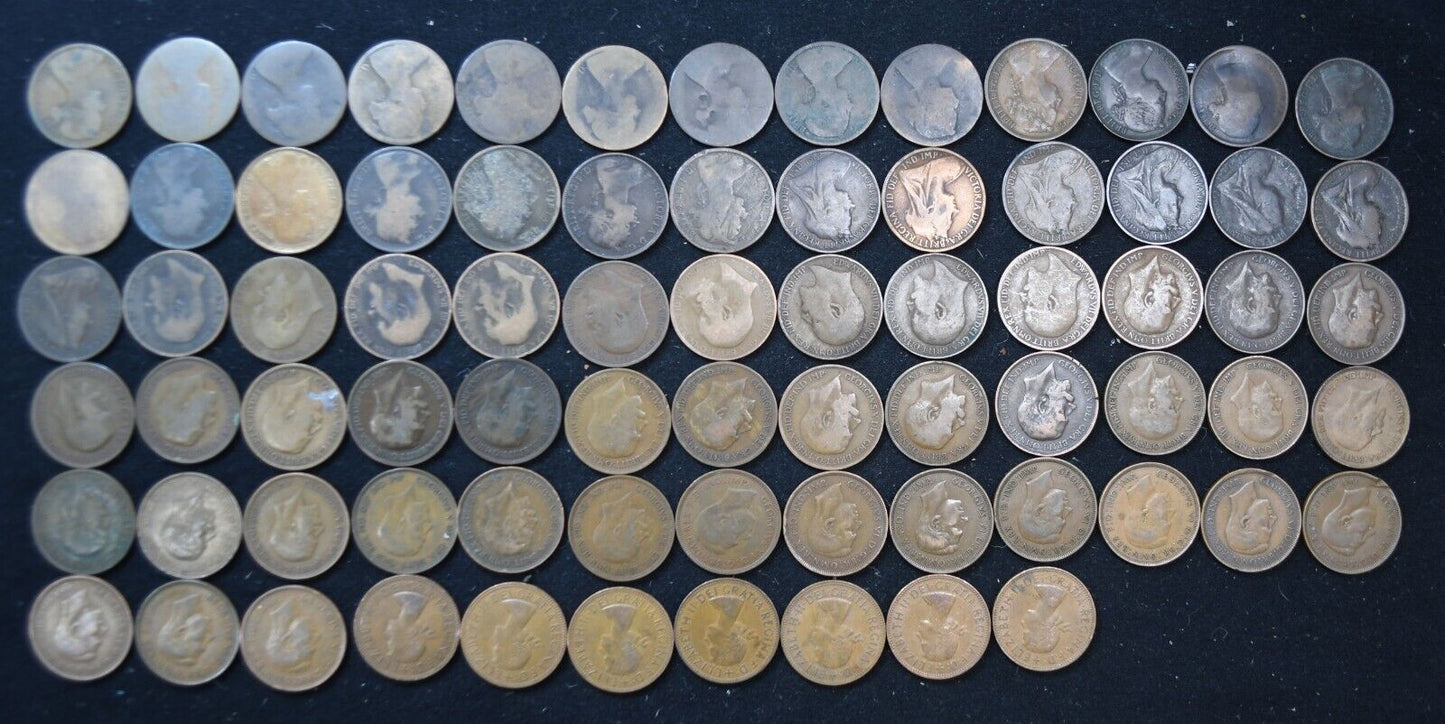 Set of 75 Great Britain Penny Large Cent Bronze Coins 1860-1967 No Duplicates