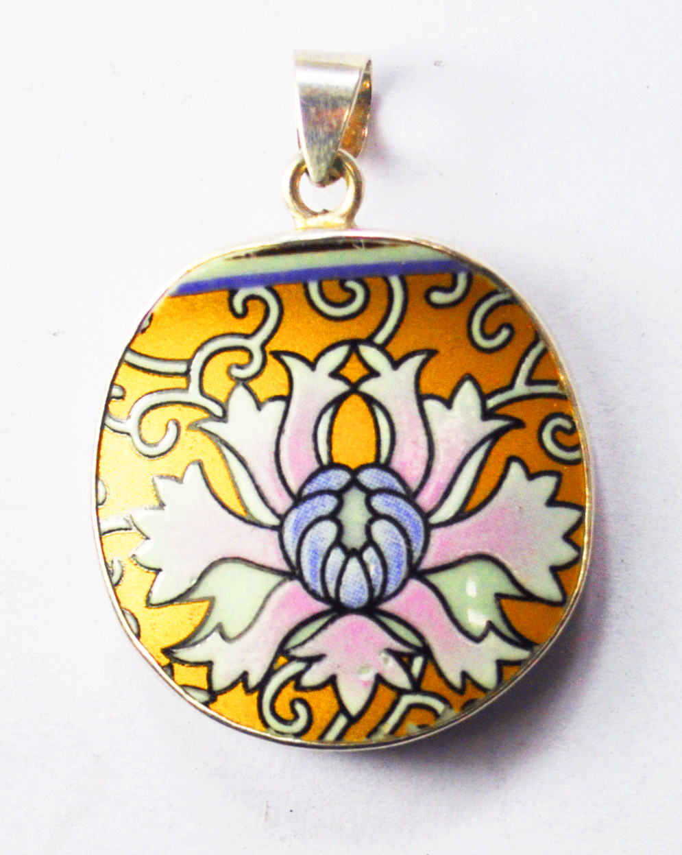 Enamel on Green Aventurine Round Gold Pink & Purple Sterling Pendant 41 x 29mm