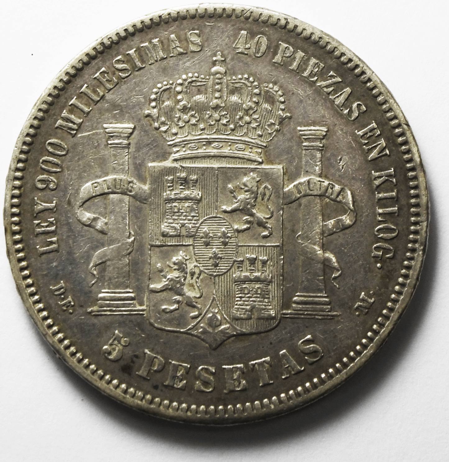 1876 (76) DE-M Spain 5 Five Pesetas Silver Coin KM# 671