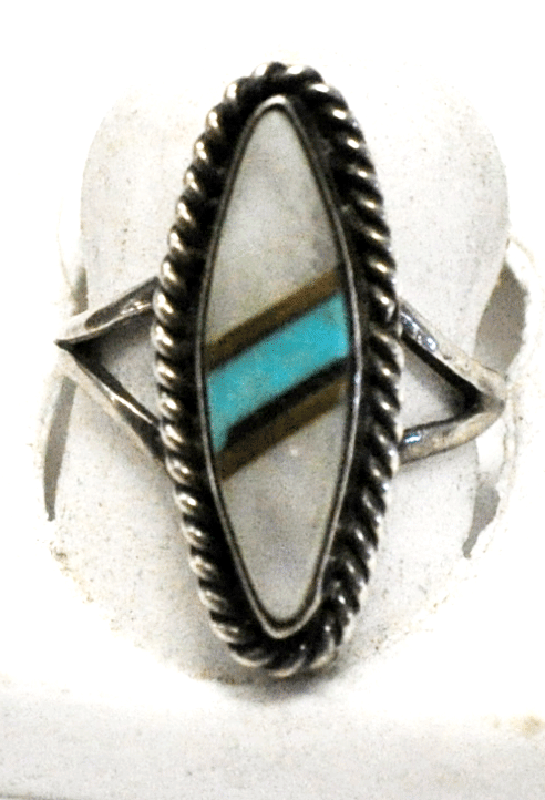 Sterling Silver MOP Turquoise Pointed Oval Ring 25mm Size 6-3/4 JBM