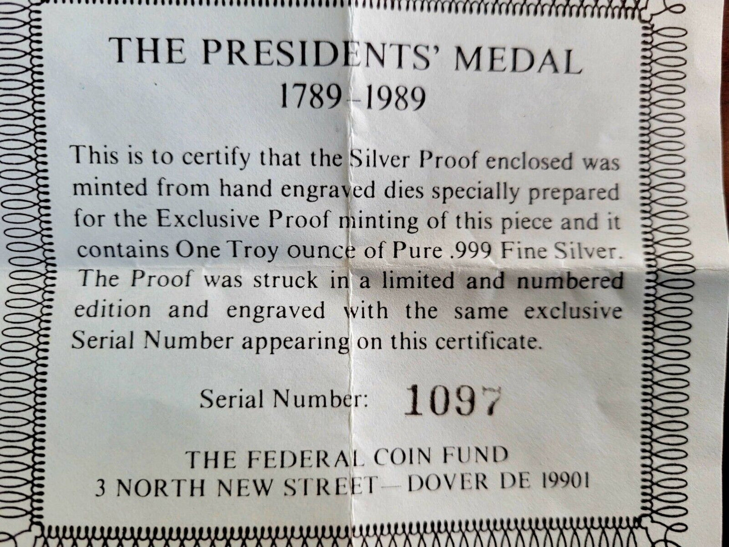 The Presidents Medal of The United States .999 Fine Silver 1789-1989