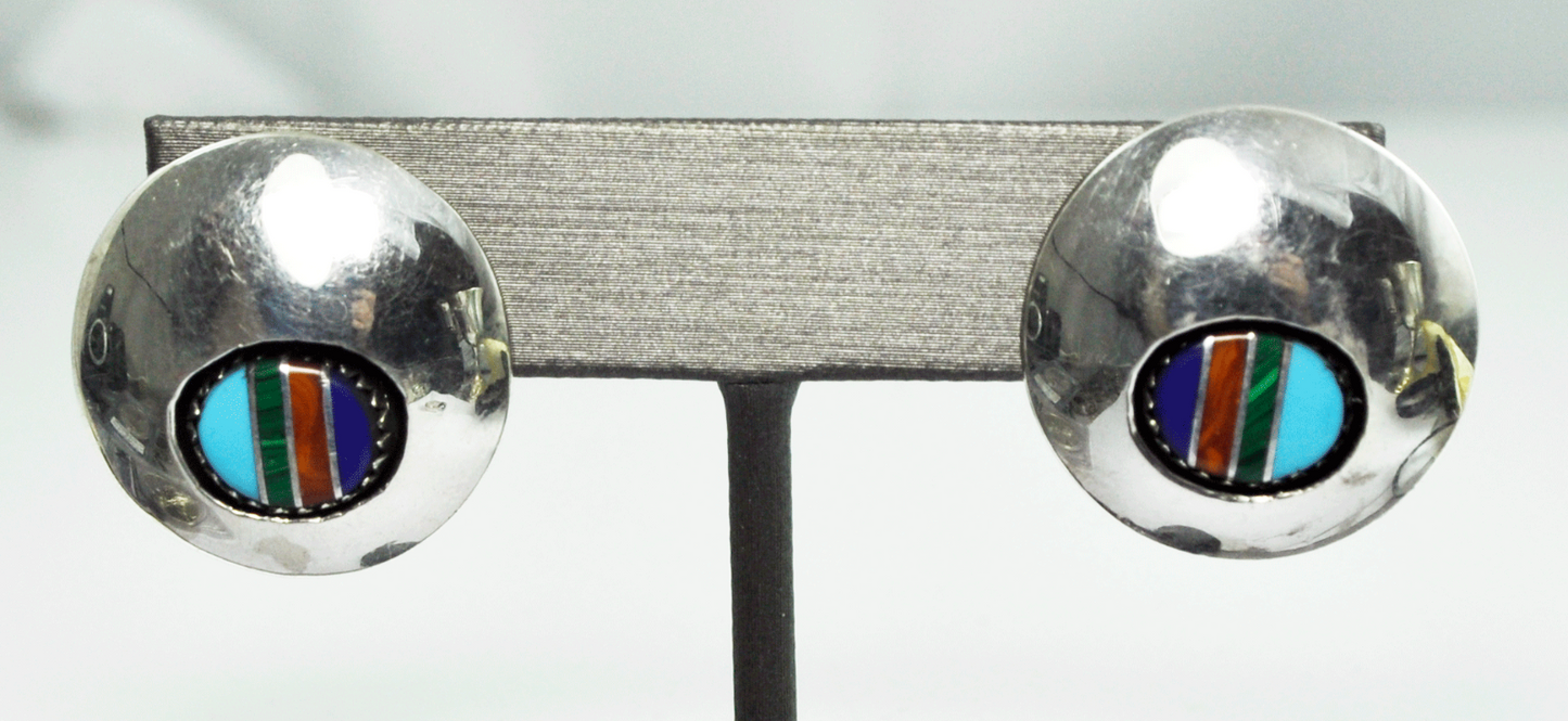 Sterling Silver CP Shadow Box Turquoise Coral Inlay Round Stud Earrings 24mm