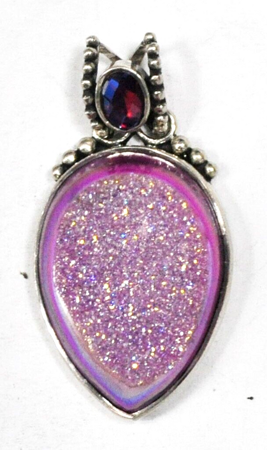 Sterling Silver Pink Druzy Quartz Teardrop Sajen Pendant 38x19mm