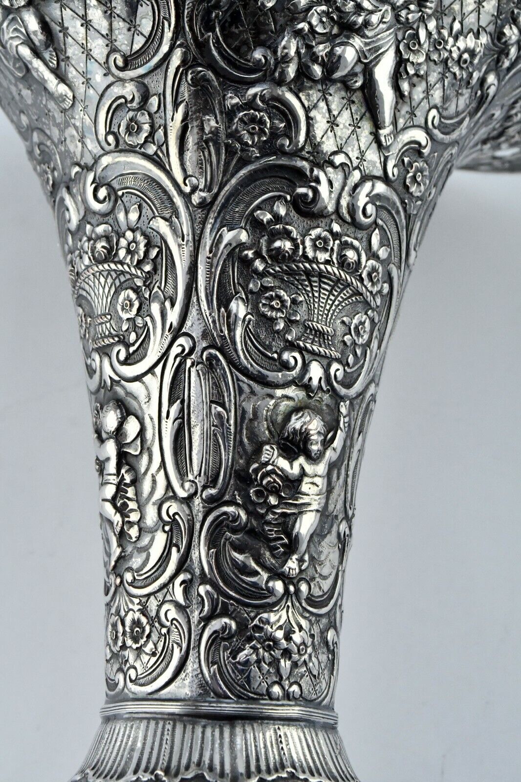 E.G Webster & Son Baroque Flute Style Cherub Ornate Repousse Vase 13 1/2"