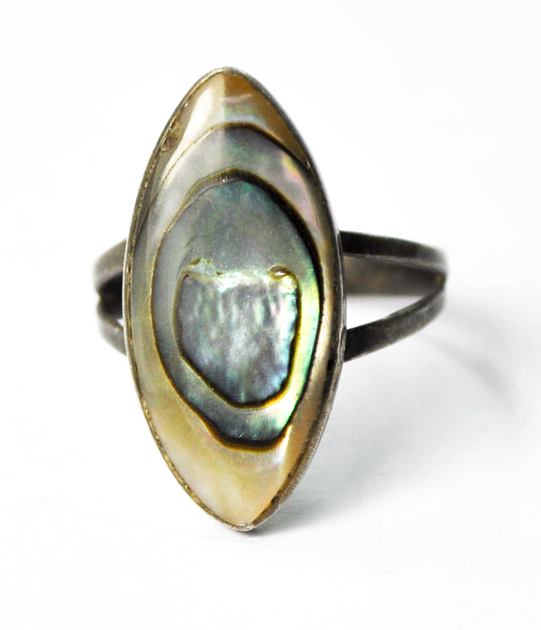 Antique Sterling Silver Mexico HNT Abalone Ellipse Solitaire Ring 23mm Size 5
