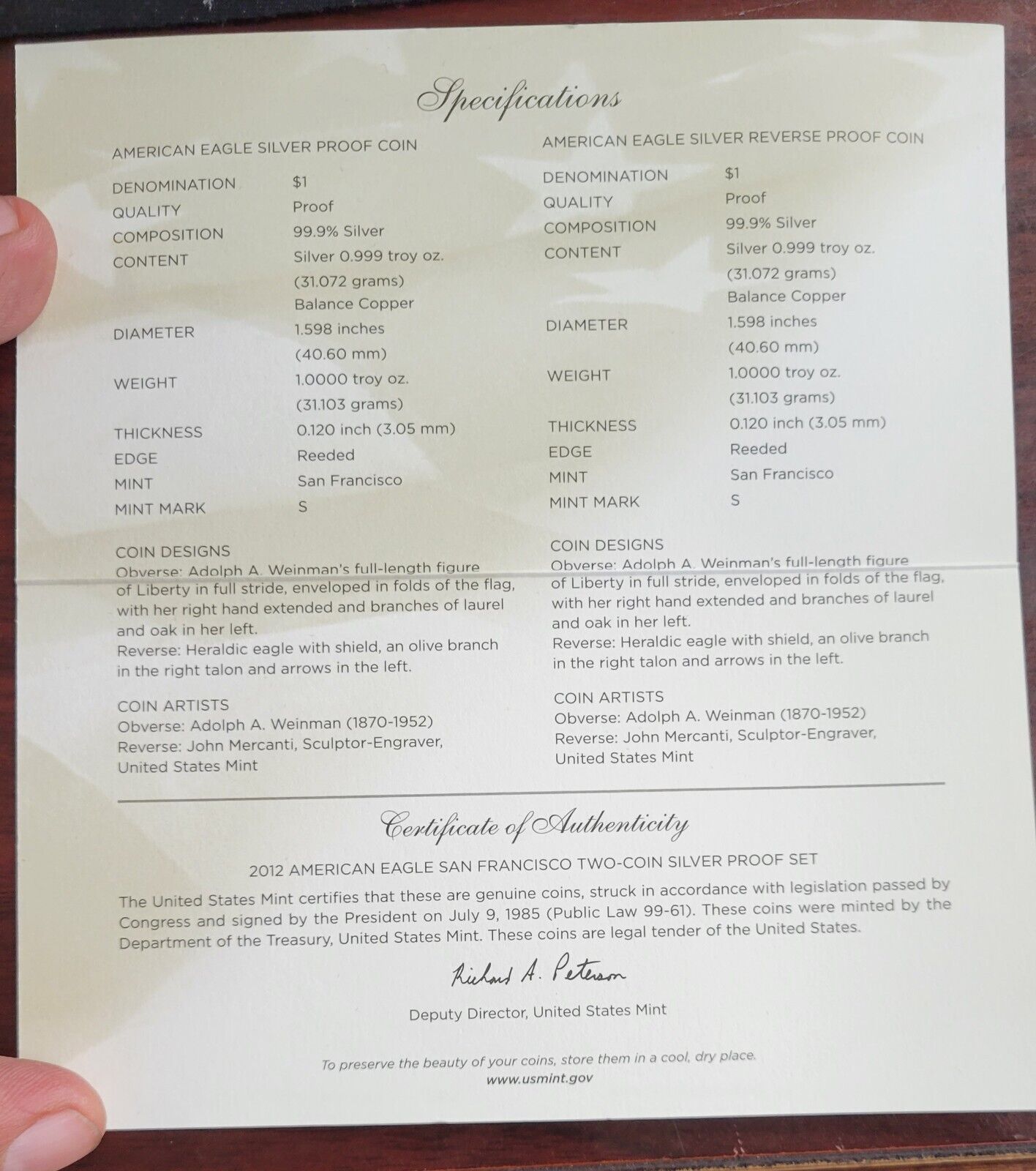 2012 American Eagle San Francisco Two-Coin Silver Proof Set Box/COA US Mint