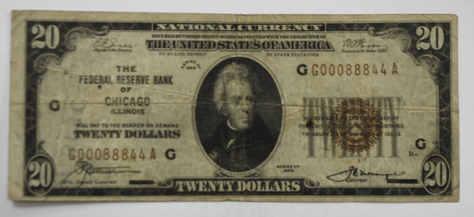1929 $20 FRBN Federal Reserve Bank Note Chicago  G00088844A Fancy Serial