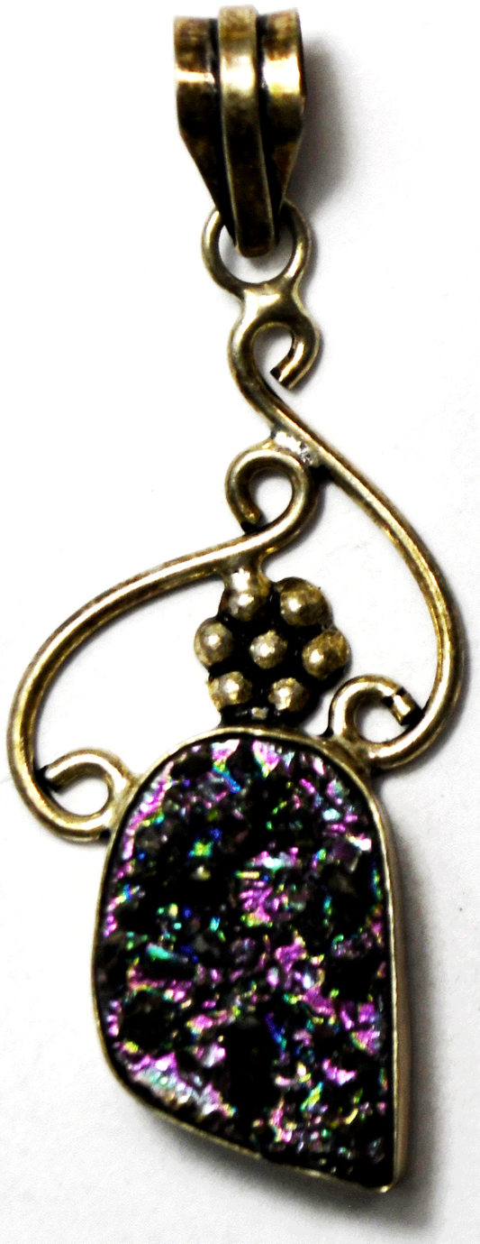 Sterling Silver Purple Druzy Quartz Flower Vine Pendant 63mm x 24mm