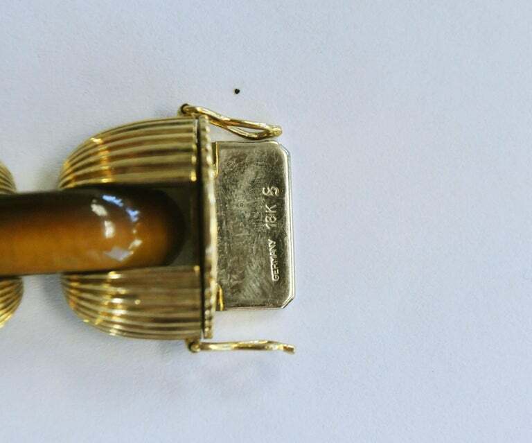 Vintage Louis Fiessler 18k YG Carved Tigers Eye Link Bracelet Germany 22mm