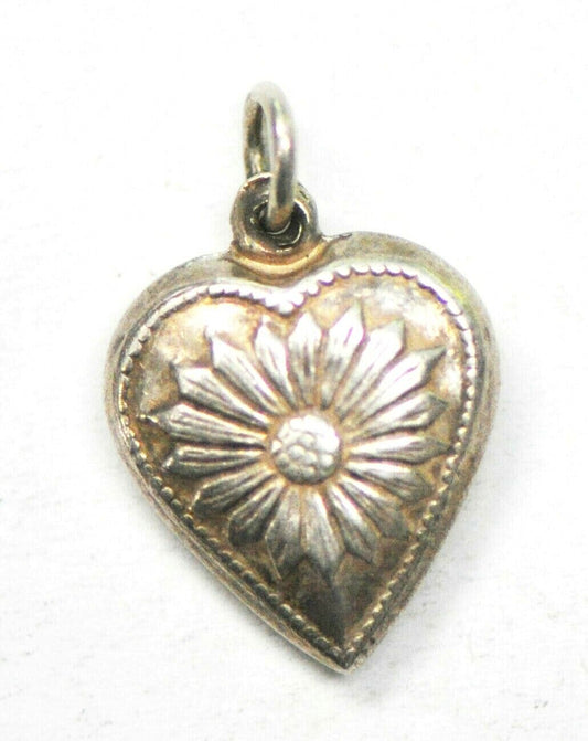 Antique Sterling Silver Sunflower Flower Puffy Heart 18 Pedal Charm 11mm