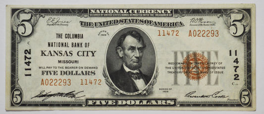 1929 $5 National Currency People NB Columnia NB KC MO Type 2 11472 A022293