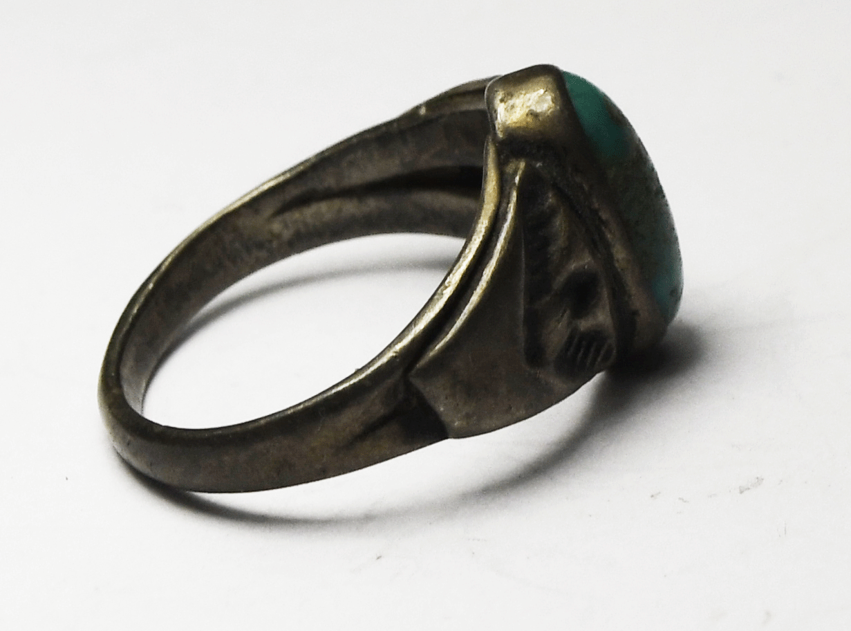 Antique Sterling Silver Green Turquoise Solitaire Eagle Bird Edge Ring Size 5