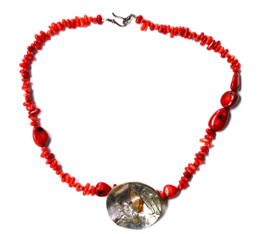 Silver Plate 11mm Dyed Coral Chunk Bead 36mm Abalone Disc Pendant Necklace 18"