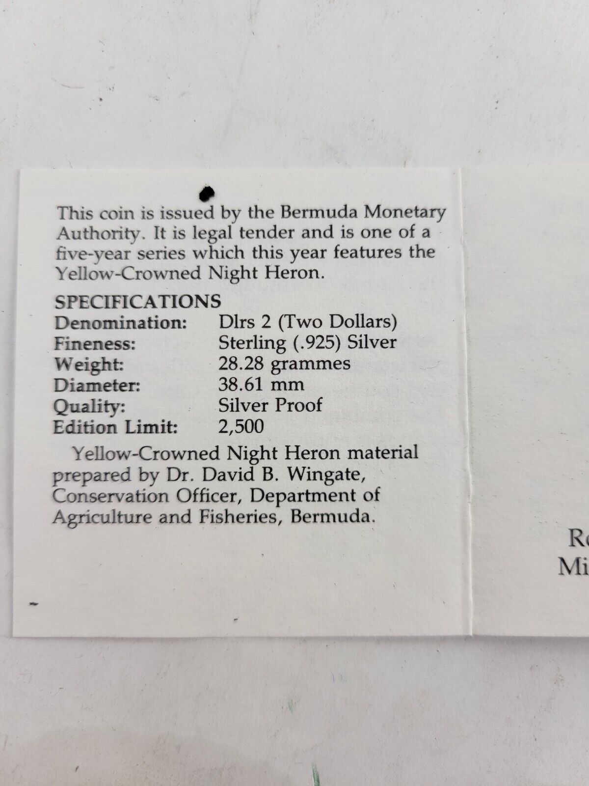 1991 Bermuda Silver 2 Dollars  Yellow Crowned Night Heron