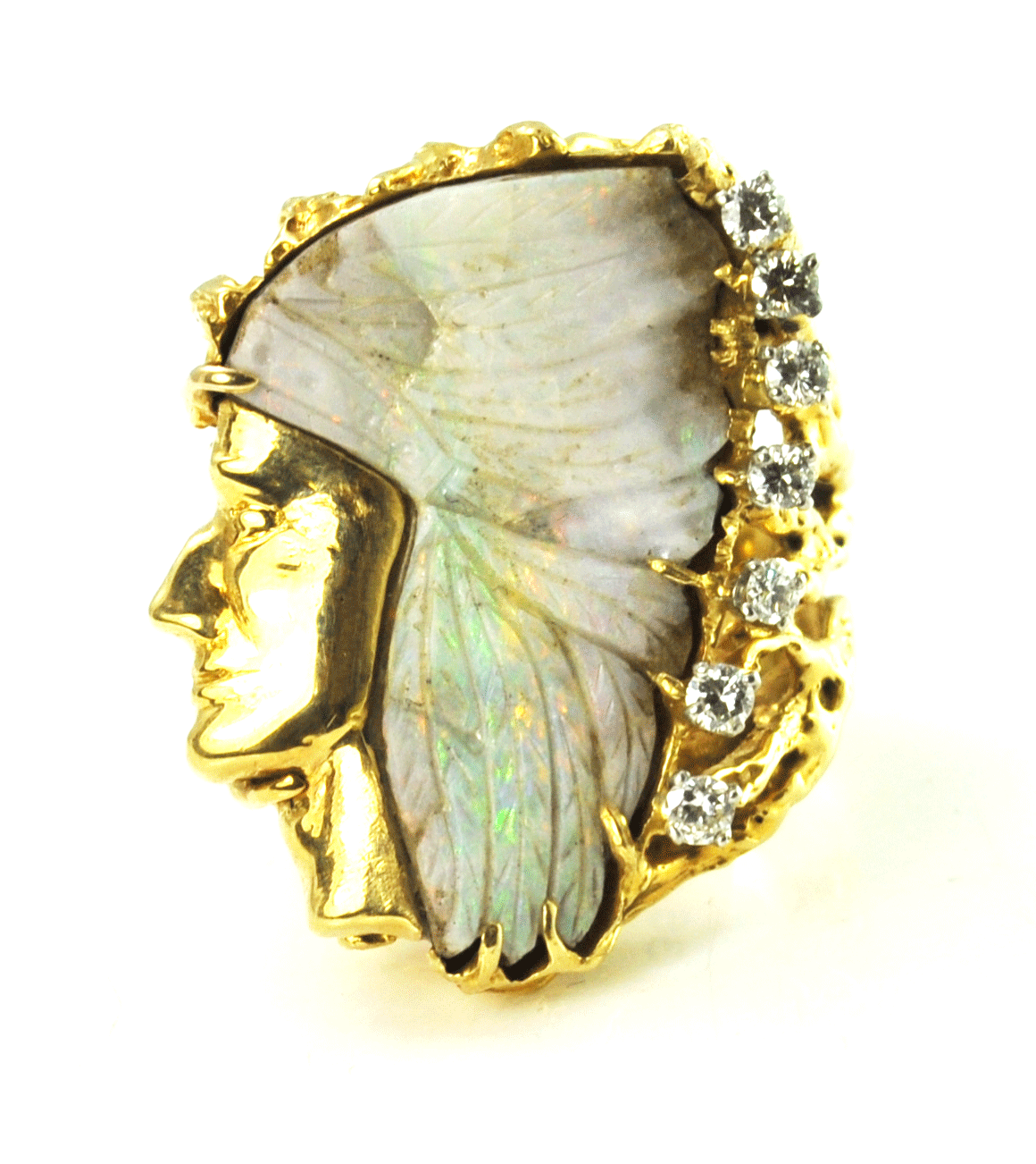 18kyg Chief Carved Opal Feather Headdress Diamond Branch Heavy Large Ring 33mm