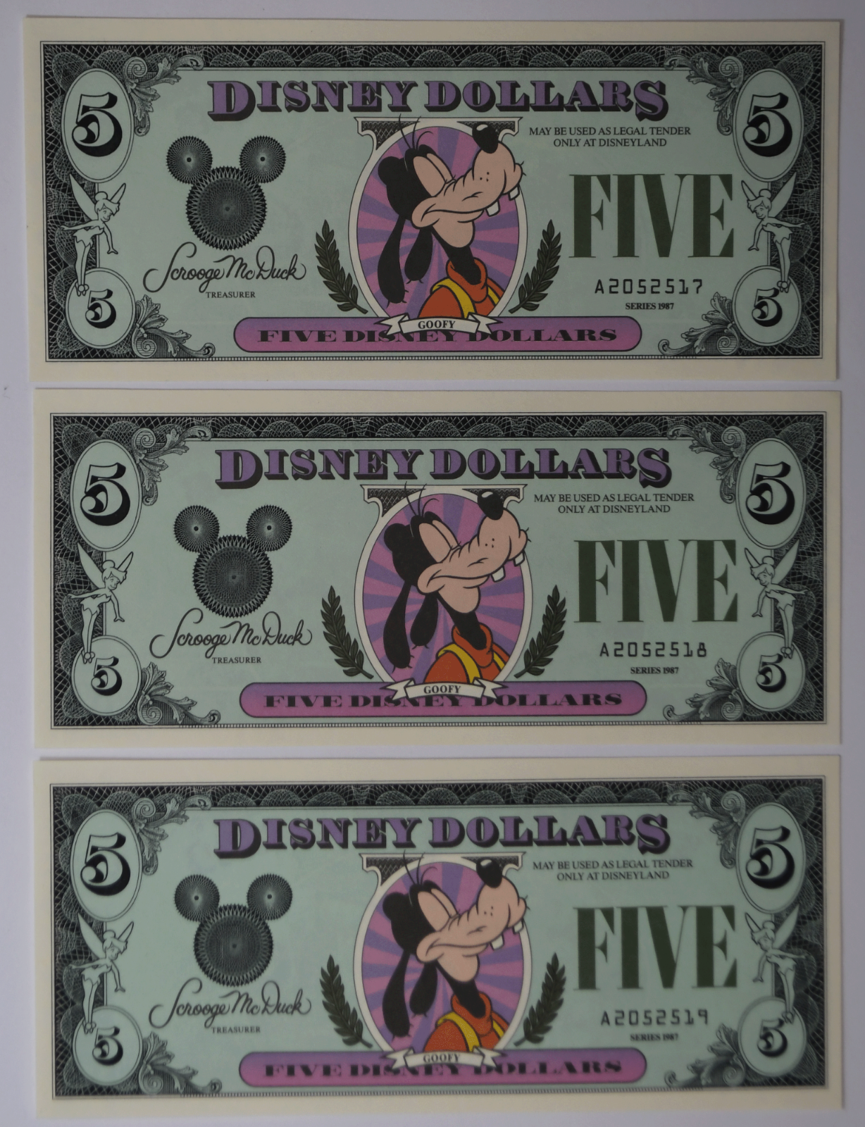 3- 1987 $5 Dollars Disneyland Goofy Sequential Uncirculated Notes A2052517-19