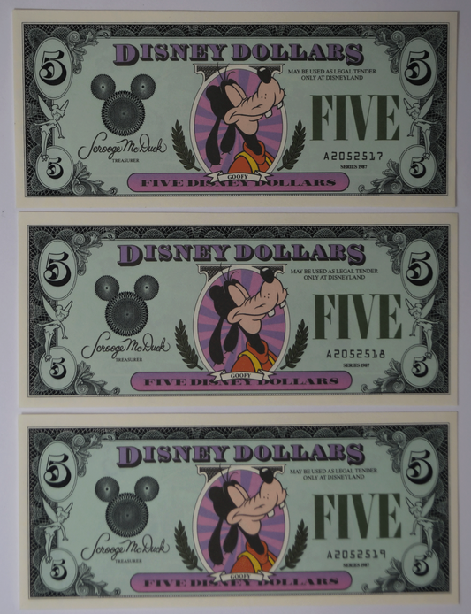3- 1987 $5 Dollars Disneyland Goofy Sequential Uncirculated Notes A2052517-19