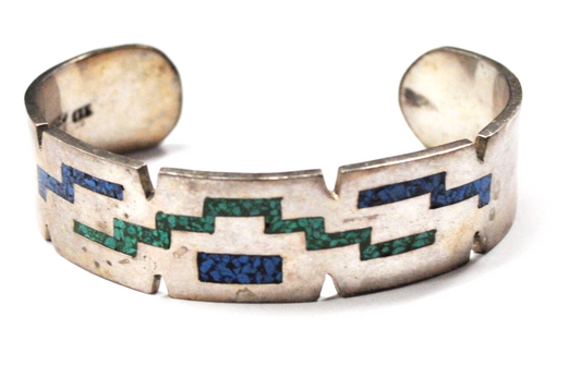 Mexico Sterling Silver Blue Chip Inlay Stripe Cuff Bracelet 17mm 6-3/4" Wrist