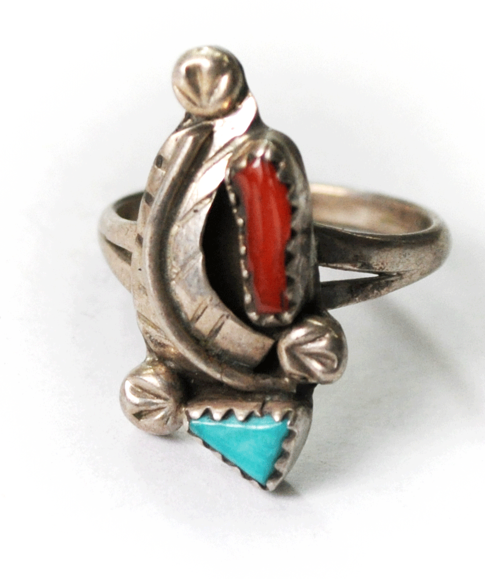 Sterling Silver Anny Locaspino Turquoise & Coral Floral Ring 24mm Size 6