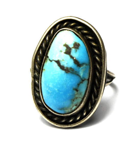 Sterling Silver Oval Turquoise Solitaire Ring 24mm Size 7-1/2
