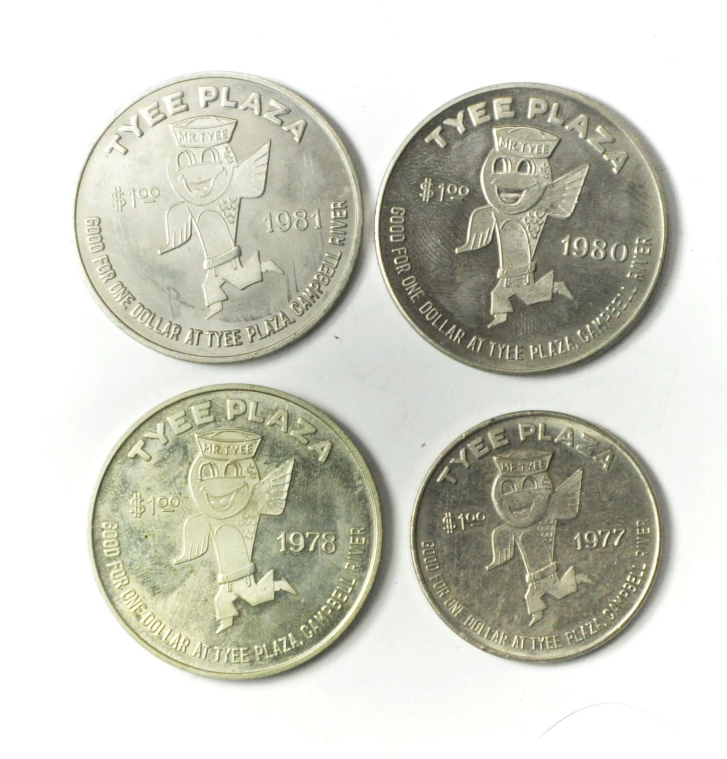 1977 78 80 & 81 Canada $1 Trade 4 Tokens 34mm & 39mm Tyee Plaza Campbell River