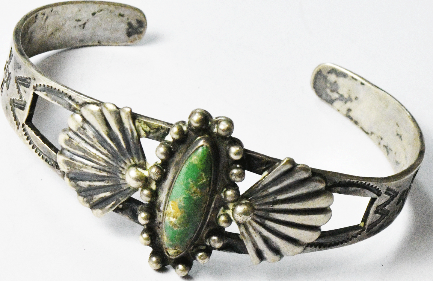 Antique Sterling Silver Green Turquoise Fan Edge Cuff Bracelet 24mm 6-1/2" Wrist