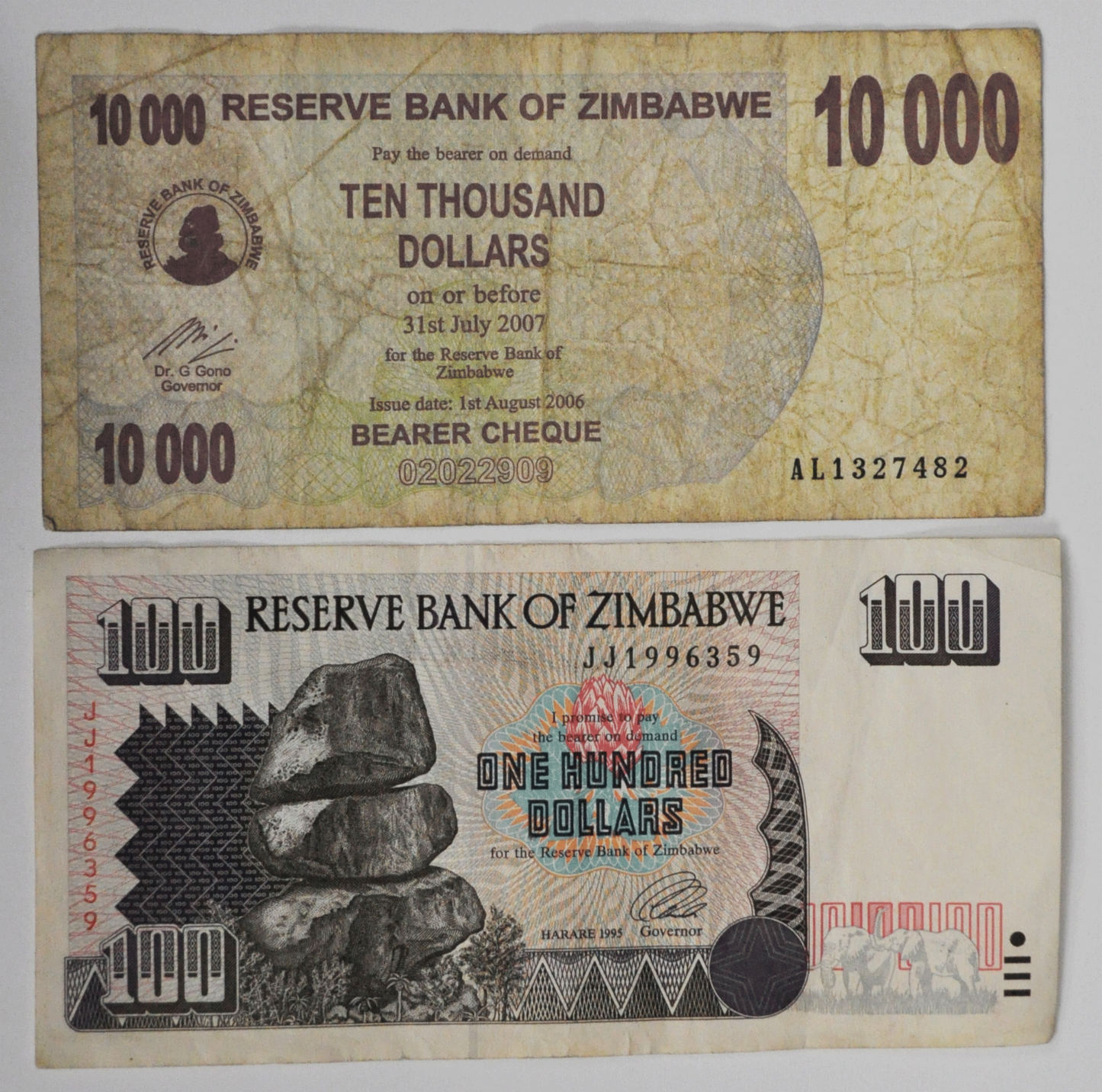 1995 Zimbabwe $100 JJ1996359 & 2006 $10,000 Bearer Cheque 02022909 Al1327482