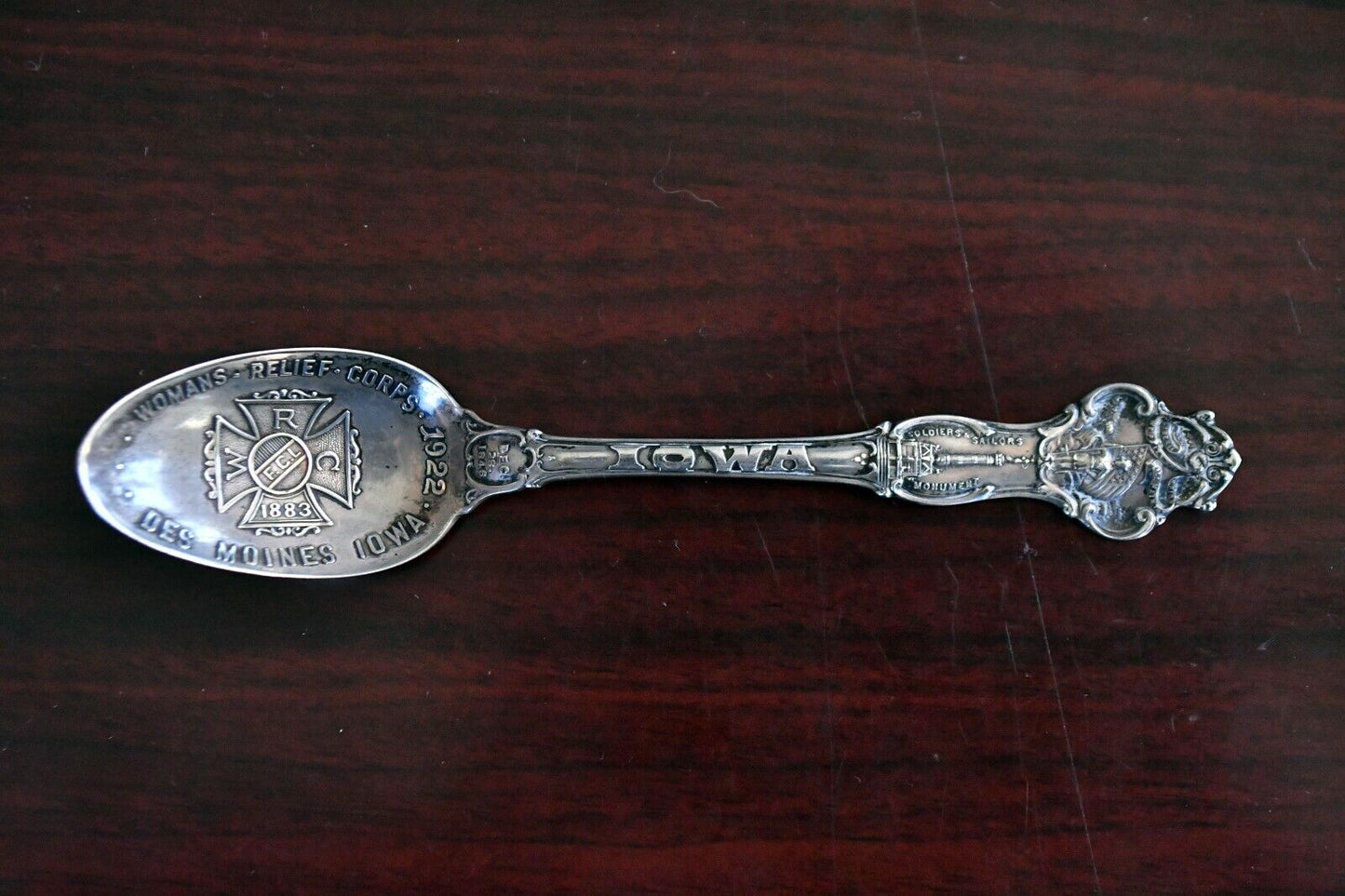 1922 Womens Relief Corps Des Moines Iowa Sterling 5 1/4" Souvenir Spoon .55 oz.