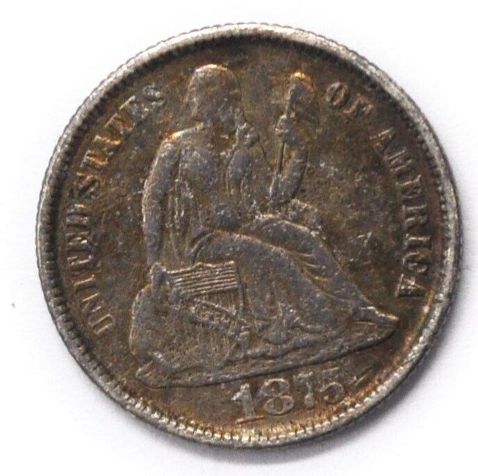1875 CC 10c Seated Liberty Silver Dime Ten Cents Carson City Below Bow