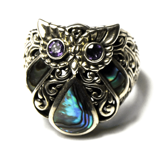 Sterling Silver Samuel B Behnam Abalone Amethyst Owl Ring 33mm Size 7.5