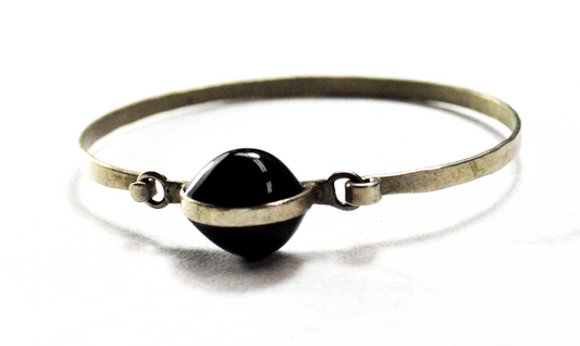 Silver Plated Domed Black Onyx Latch Bracelet 3mm Bar 6-3/4" Wrist