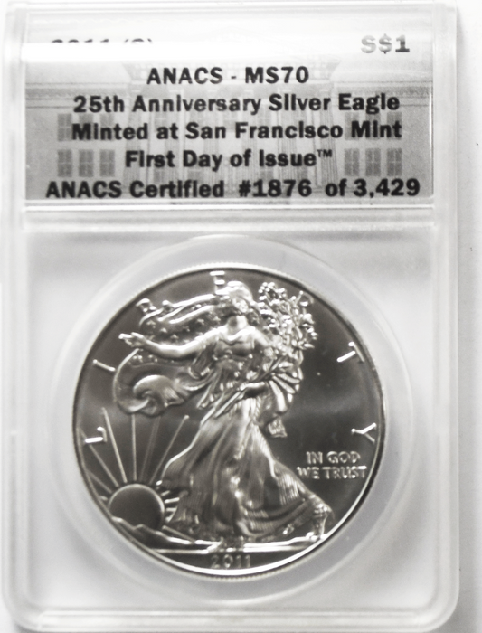 2011 S $1 American Silver Eagle .999 Fine Silver One Ounce ANACS MS70 25th SF FD