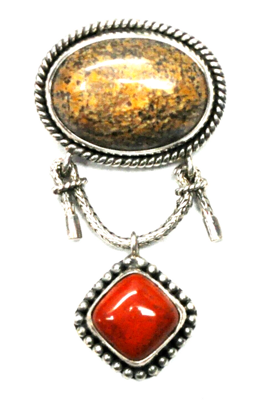 Sterling Bali Suarti Red Brown Jasper Chain Dangle Pendant Brooch 2-5/8" x 35mm