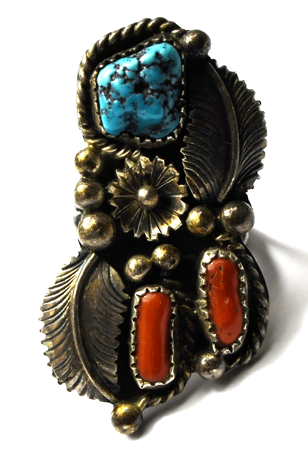 Sterling Silver Turquoise & Coral Ring 41mm Size 6-1/2