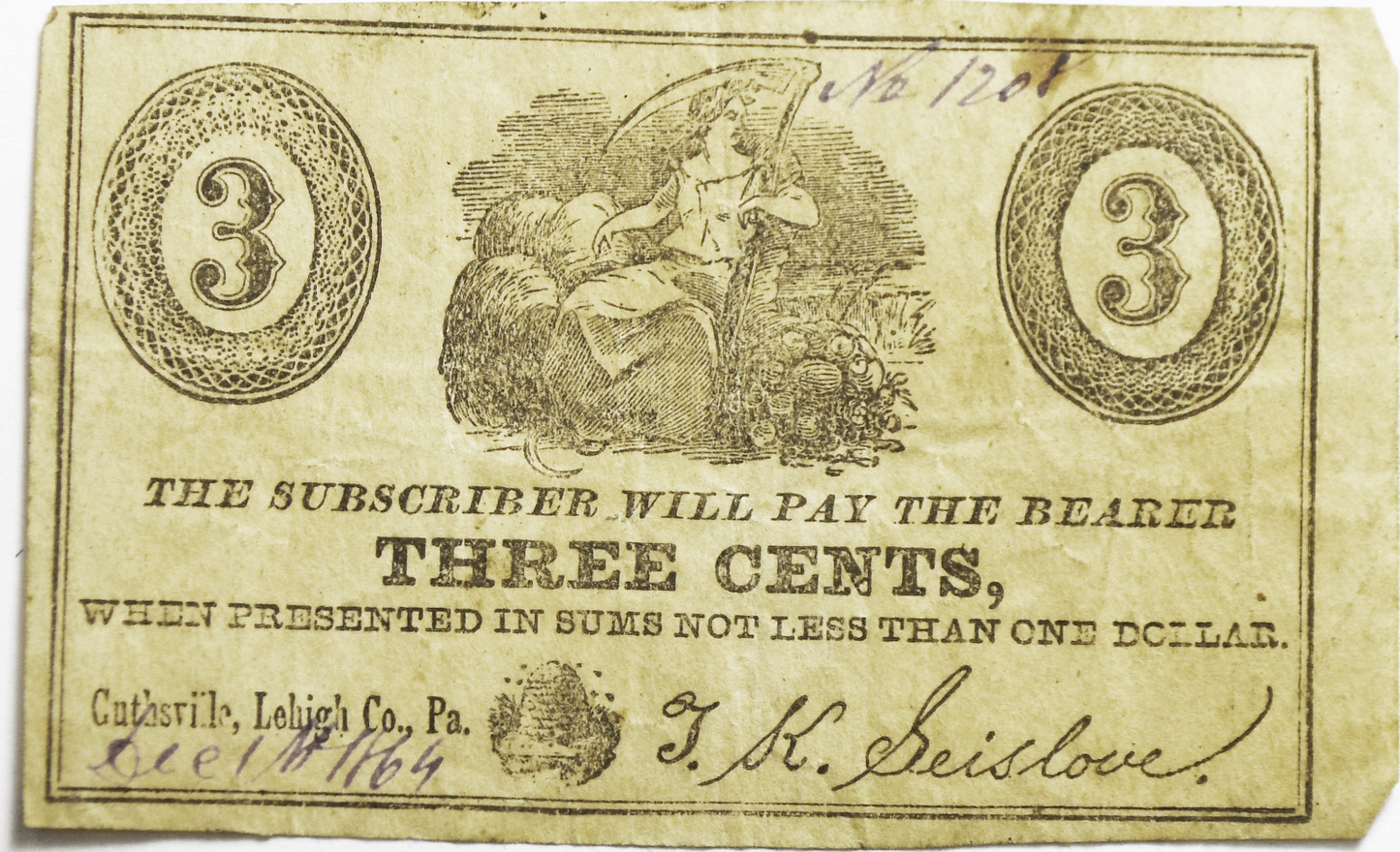 1864 Guthsville Lehigh Pennsylvania 3c Scrip Note Pay the Bearer