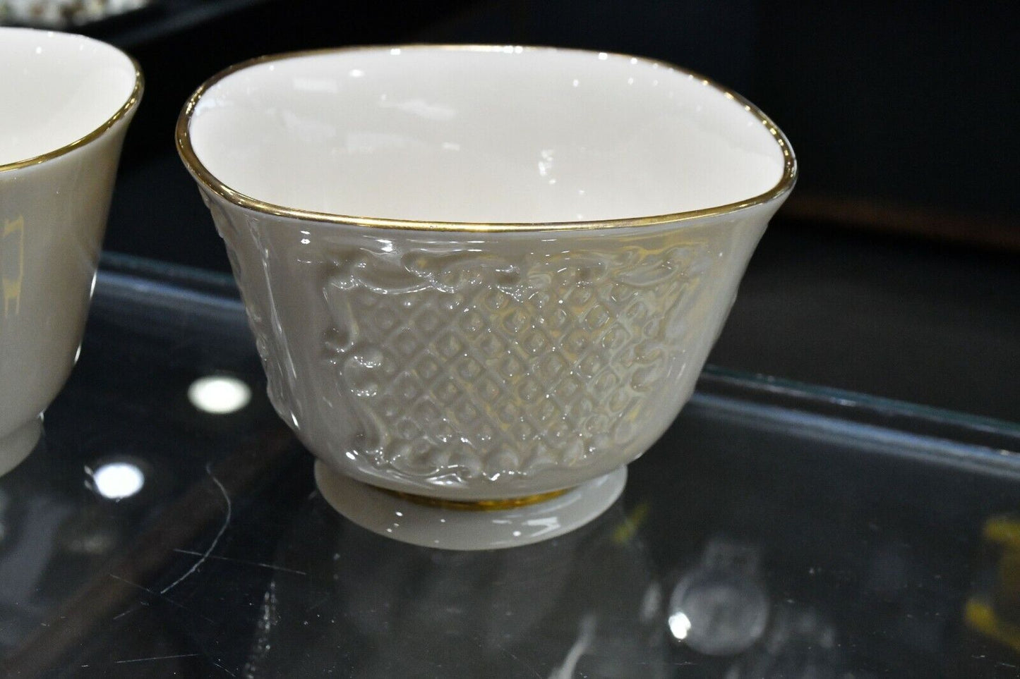 Lenox Porcelain Gold Trimmed Holiday and Embossed Square Bowls 4 1/4" W x 2 3/4"
