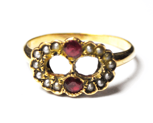 Antique 9k Yellow Gold Ruby & Pearl Figure 8 Cluster Rings Size 5