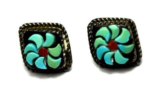 Sterling Silver Turquoise Coral Inlay Flower Earrings 17mm x 15mm Stud