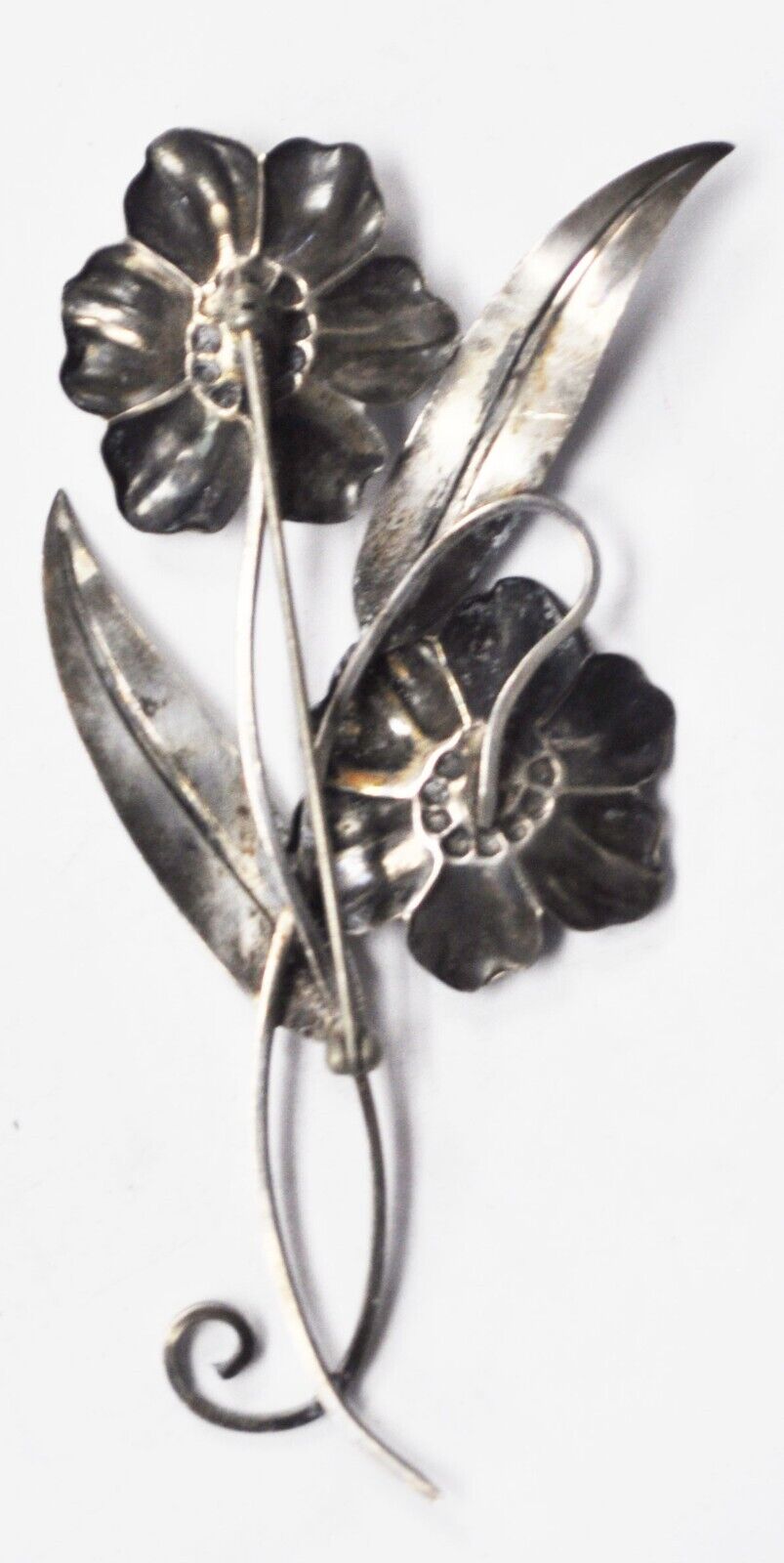 Sterling Silver Double Flower Leaf Quartz Vintage Brooch Pin 4-1/4" x 58mm
