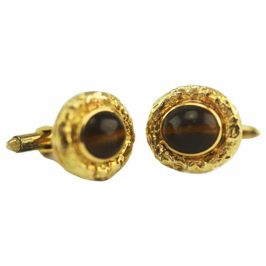 Signed Tigers Eye Nugget Style 14 Karat Yellow Gold Mens Cufflinks 19.4 Grams